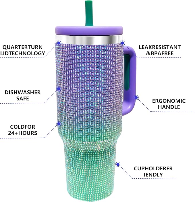 40-OZ Insulated Water Bottle,Insulated Stainless Steel Tumbler,Reusable Cold Drink Thermos,BPA-Free, Double-Wall Stainless Steel Water Bottle (Purple Green Gradient-Diamond, 40, Fluid Ounces) - Image 5