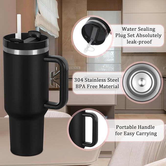 40 Oz Tumbler with Handle, Double Wall Vacuum Insulated Stainless Steel Tumbler with Lid and Straw, 40 oz cup with Silicone Spill Proof Stopper Set (Black-1) - Image 4