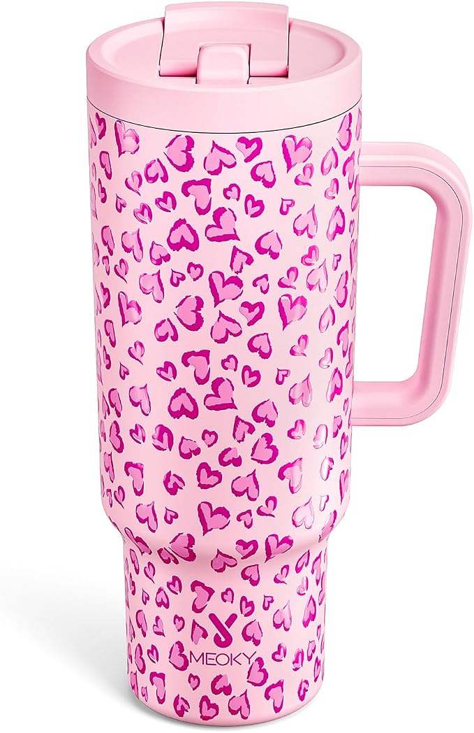 Meoky 40 oz Tumbler with Handle and Flip Straw, 100% Leakproof Tumbler with Lid and Straw, Stainless Steel Insulated Cup, Cupholder Friendly, Keeps Cold for 34 Hours (Love) by MEOKY