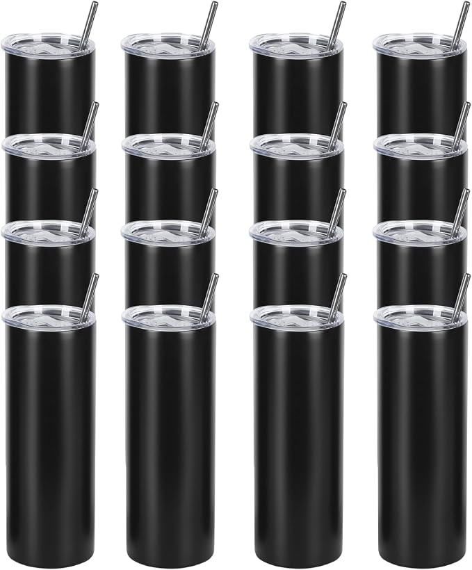 16 Pack 20 Oz Straight Skinny Tumblers,Individually Gift Boxed Stainless Steel Slim Skinny Tumbler Set Bulk, 20 Oz Insulated Slim Thin Travel Tumbler Cup for Diy, Black by Wzaytia