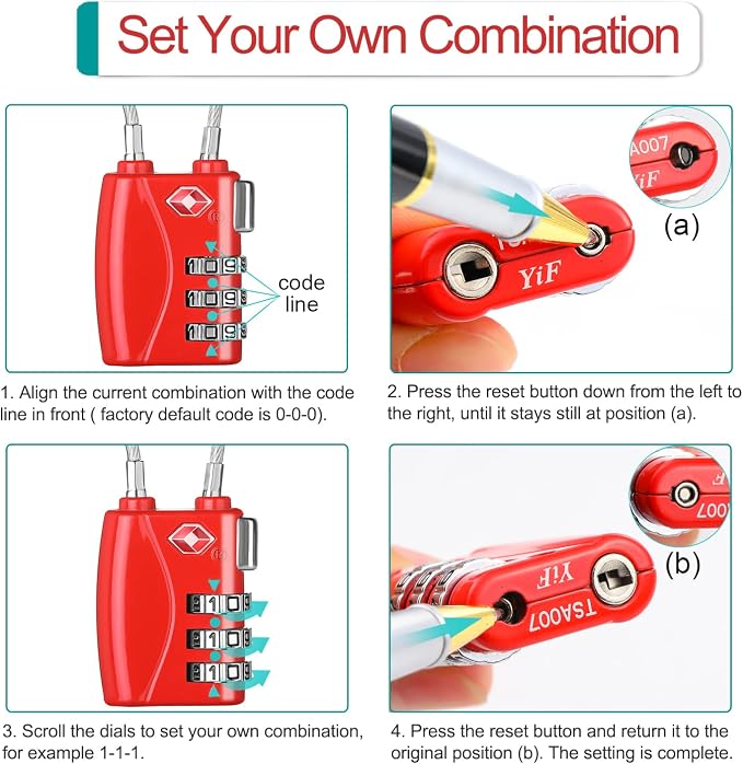 ZHEGE Luggage Lock TSA Approved 3 Digit Travel Cable Padlock - Image 7