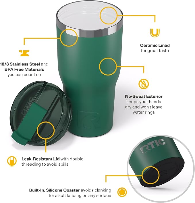RTIC 30oz Essential Tumbler with Lid, Ceramic Lined, Insulated, Stainless Steel, Metal, Double Wall Vacuum-Insulation, Travel Cup for Iced Coffee, Tea, Hot and Cold Drink, Pine Tree - Image 4