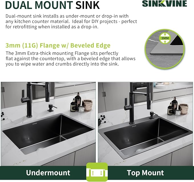 18-Inch Black Bar Sink Drop-In, SINKVINE PVD Nano Stainless Steel Kitchen Sink - Image 9