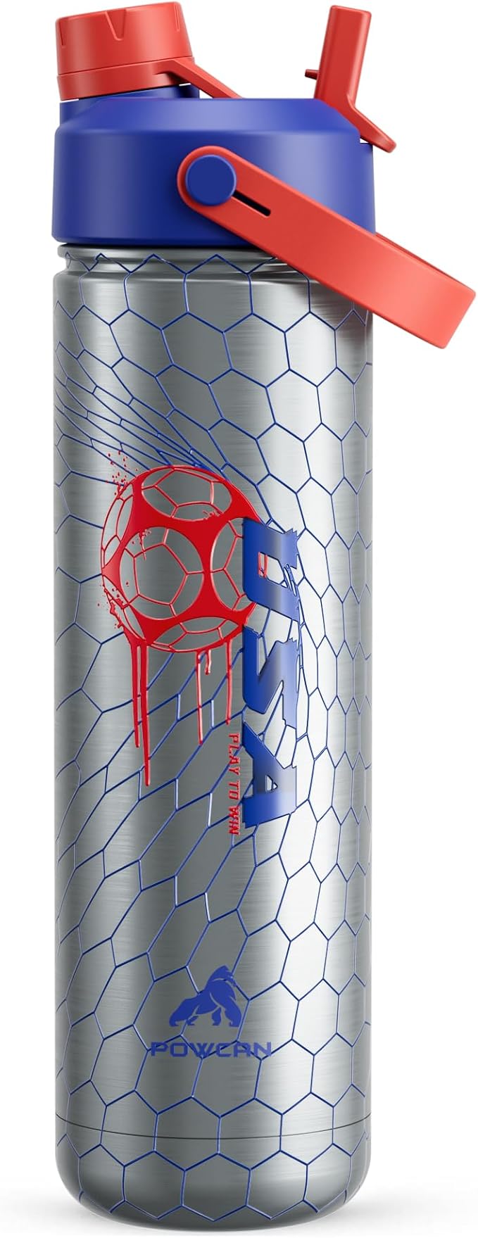 POWCAN 26 oz Insulated Water Bottle with 2-in-1 Straw and Spout Lid, Keep Cold 24H, Leak-Proof, Fits in Car Cup Holder, Stainless Steel Water Bottle for Soccer Lovers, and Sports Fans (NetBreaker USA) by POWCAN