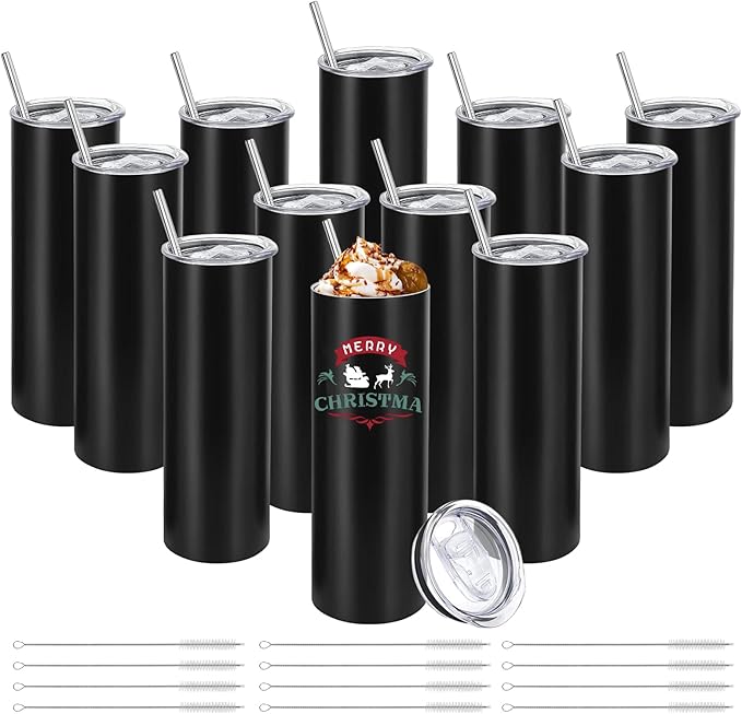 YOUKE OLA 12 Pack Stainless Steel Skinny Tumblers Bulk Straight Double Wall Insulated Tumbler with Lid and Straw for, DIY, Black, 20oz by YOUKEOLA