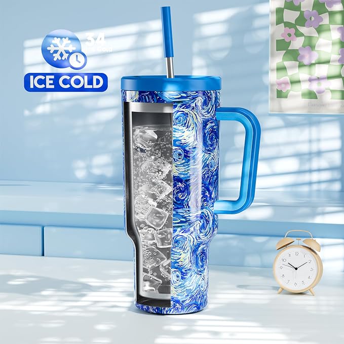 Meoky Tumbler with Handle and Straw for Women: 40 oz Stainless Steel Insulated Tumbler with Lid and Straw 100% Leakproof for Car Cup Holders - Travelers Commuters Workers, Van Gogh - Image 2