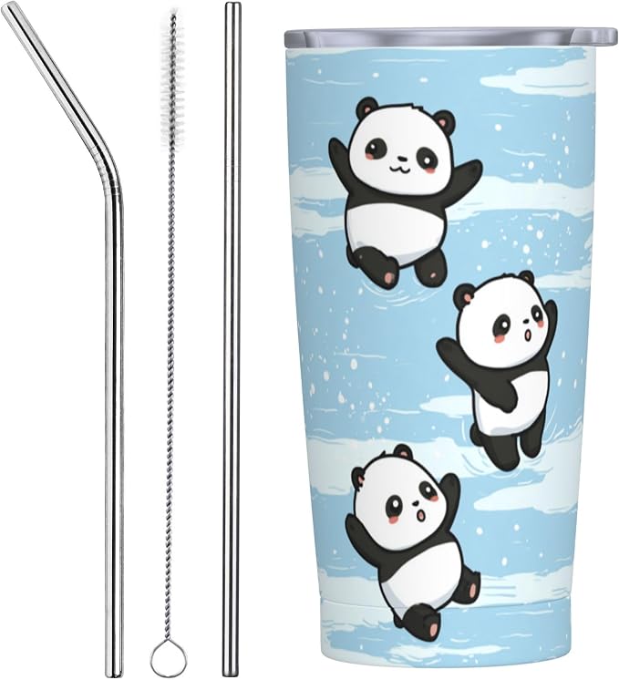 Panda Tumbler with Lid and Straw 20oz Vacuum Insulated Coffee Cup Stainless Steel Tumblers Leakproof Travel Mug Present for Women Men by Yrebyou