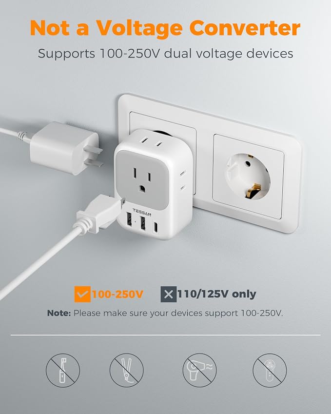 2 Pack European Plug Adapter USB C, TESSAN US to Europe Adapter 4 Outlets 3 USB - Image 5