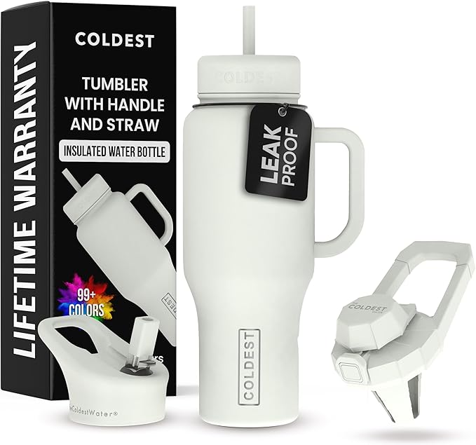 Coldest Tumbler with Handle and Straw - 100% Leak Proof Insulated Tumbler with Lid and Straw (3 Lids) - Stainless Steel Tumblers for Women & Men - Cup Holder Friendly Base, 36 oz (Margarita) by Coldest