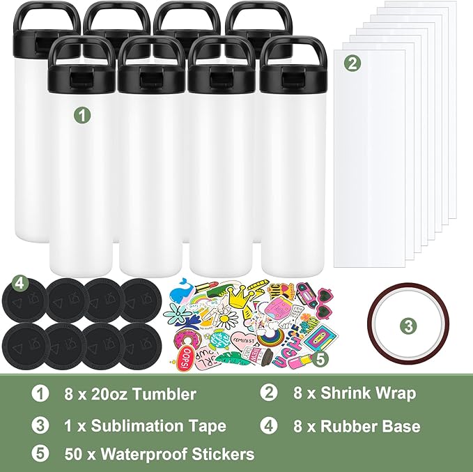 8 Pack 20oz Sublimation Tumbler Set Triple-Insulated Stainless Steel Sports Water Bottle with Straw Lid Blank Sublimation Cup with DIY Stickers, Shrink Wrap, Rubber Base, Heat Tape for Heat Transfer - Image 2