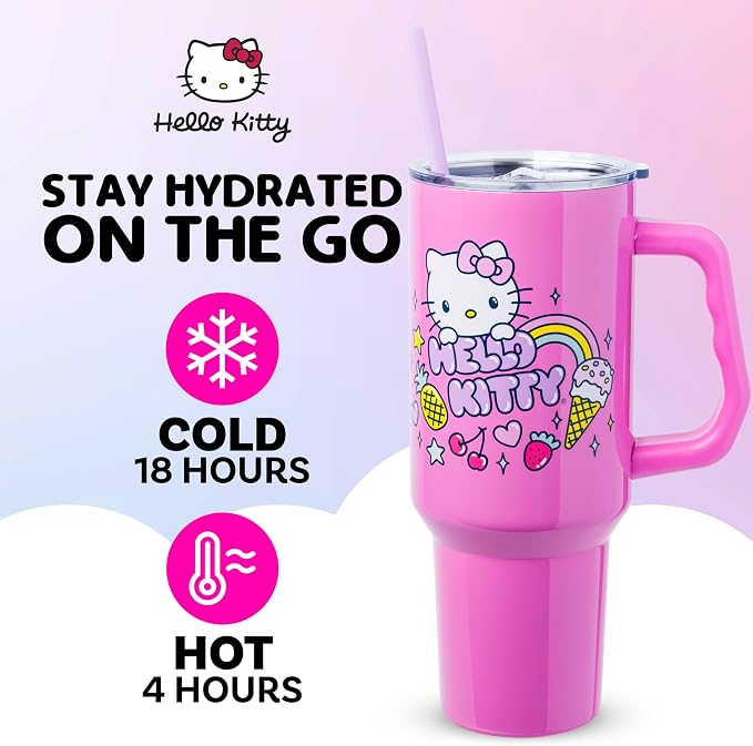 Silver Buffalo Sanrio Hello Kitty Summer Double Walled Stainless Steel Tumbler with Handle, Fits in Standard Cup Holder, 40 Ounces - Image 2