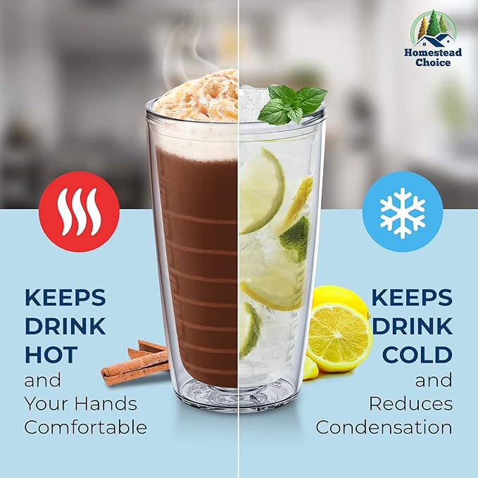 Homestead Choice 16oz Insulated Tumblers Plastic Keeps Drinks Cold & Hot, 4pack Double Walled Clear Insulated Drinking Glasses Cup, BPA-Free, Reusable, Camping, Travel, Kitchen, Party - Image 5