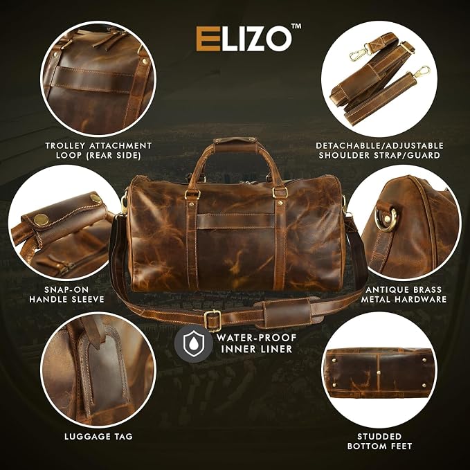 ELIZO Leather Duffle Bag For Men Women REAL FULL GRAIN Travel Overnight - Image 3