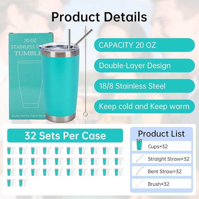 IEOVIEE 32 Pack, 20oz Stainless Steel Bulk Tumblers with Lids and Straws, Double Wall Insulated Travel Coffee Mug, Durable Powder Coated Tumbler Bulk Cup for Cold and Hot Drinks (Light Green) - Image 2