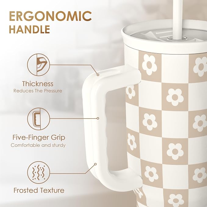 SANDJEST Checker Tumbler with Handle and Straw 40oz – Stainless Sleel Slider Tumbler Travel Coffee Mug for Women - Gift Idea for Birthday Christmas - Image 3