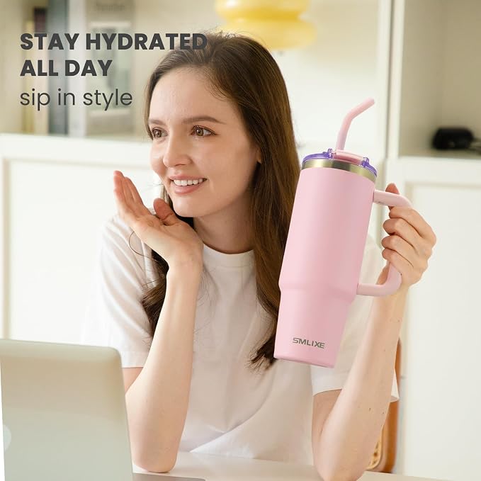 30 oz Tumbler with Handle, Tumbler with Lid and Straw, Double Wall Vacuum Insulated Travel Mug Stainless Steel Tumbler for Hot and Cold, Cupholder Friendly (Pink) - Image 6
