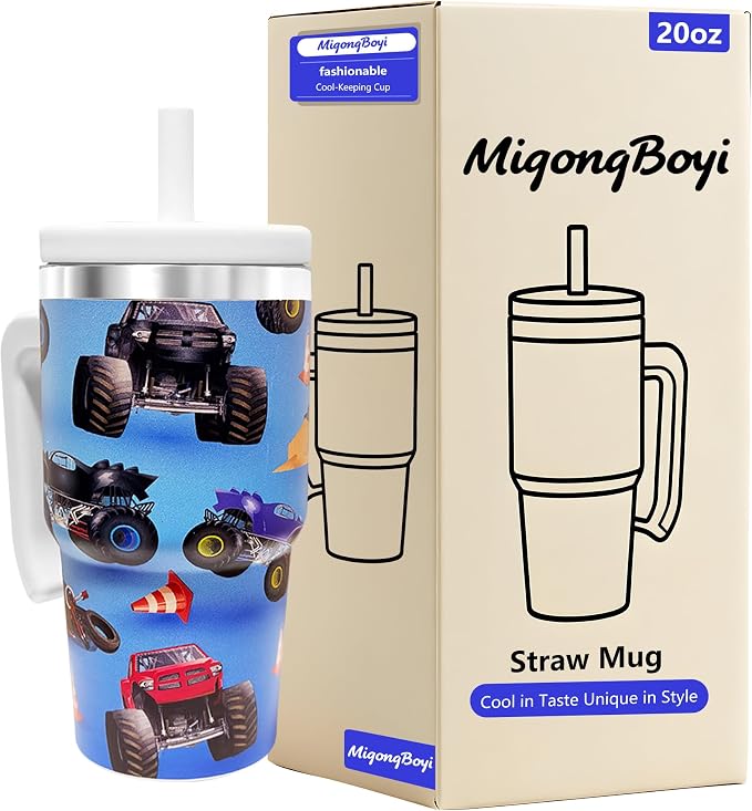 2PCS 20-OZ Insulated Water Bottle,Insulated Stainless Steel Tumbler,Reusable Cold Drink Thermos,BPA-Free, Double-Wall Stainless Steel Water Bottle (Light blue-Monster trucks, 20, Fluid Ounces) by Unknown