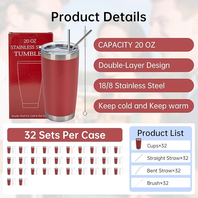 IEOVIEE 32 Pack, 20oz Stainless Steel Bulk Tumblers with Lids and Straws, Double Wall Insulated Travel Coffee Mug, Durable Powder Coated Tumbler Bulk Cup for Cold and Hot Drinks(Red) - Image 2