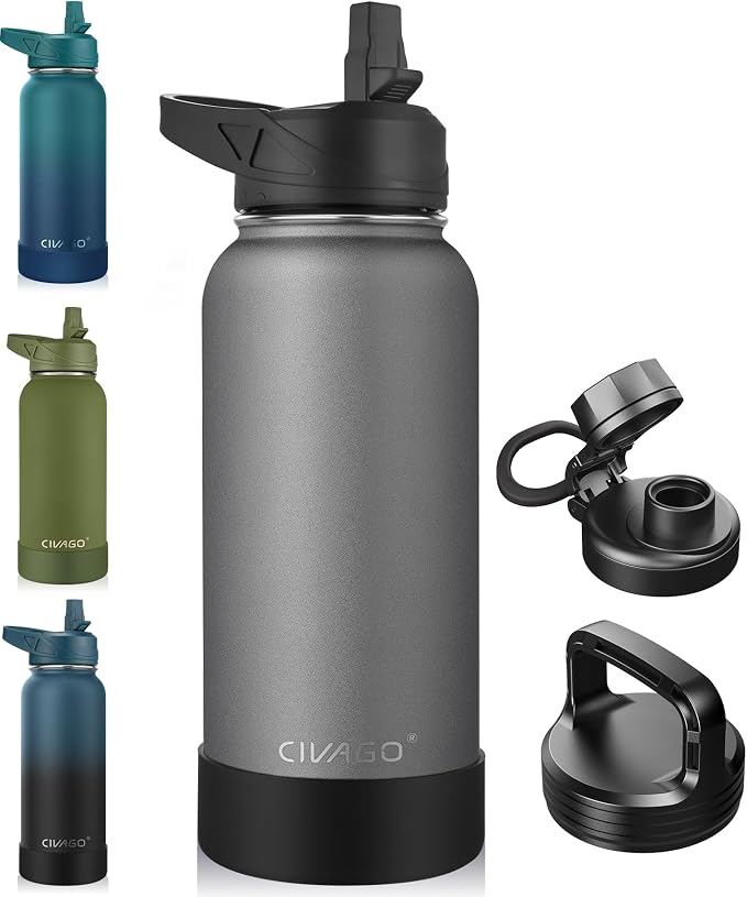 CIVAGO 32 oz Insulated Water Bottle With Straw, Stainless Steel Sports Water Cup Flask with 3 Lids (Straw, Spout and Handle Lid), Wide Mouth Travel Thermal Mug, Cool Gray by CIVAGO