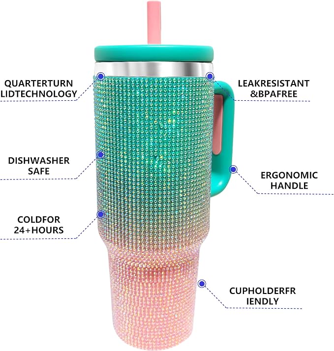 40-OZ Insulated Water Bottle,Insulated Stainless Steel Tumbler,Reusable Cold Drink Thermos,BPA-Free, Double-Wall Stainless Steel Water Bottle (Aqua Pink - Diamond, 40, Fluid Ounces, 40, Fluid Ounces) - Image 5