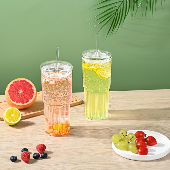 20oz Glass Cups With Glass Lids and Straws, High Borosilicate Iced Coffee Cups, Reusable Glass Tumblers for Coffee, Tea, Juice, Smoothies, Hot/Cold Drinks at Home, Office - 2 Packs - Image 6