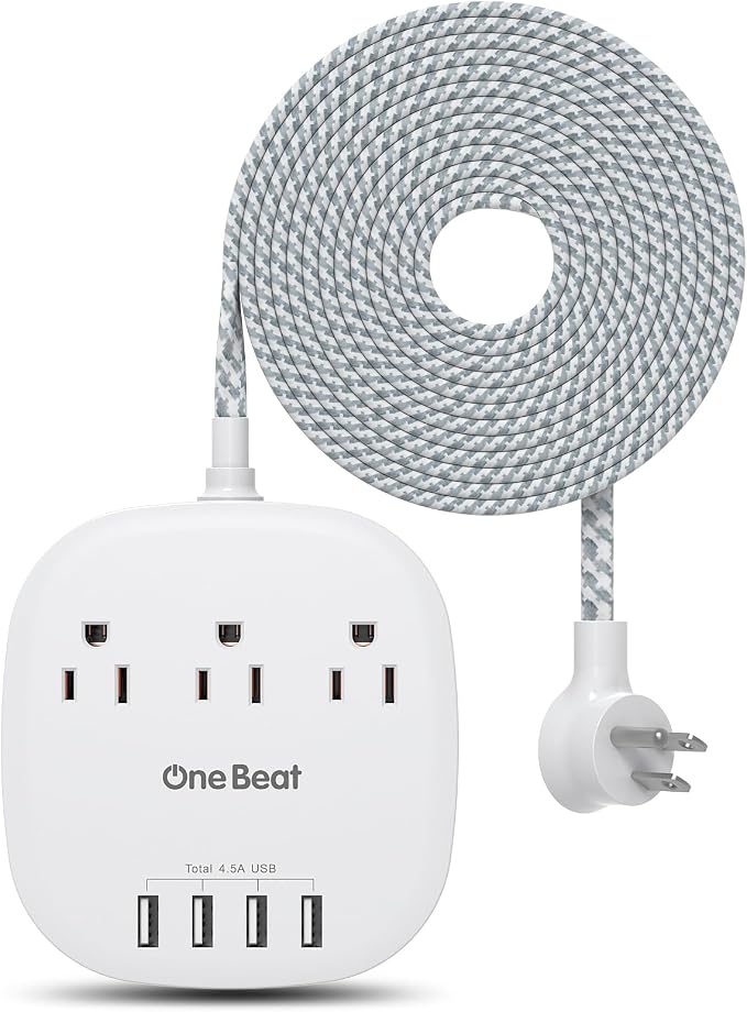 Desktop Power Strip with 3 Outlet 4 USB Ports 4.5A, Flat Plug and 10 ft Long by OneBeat