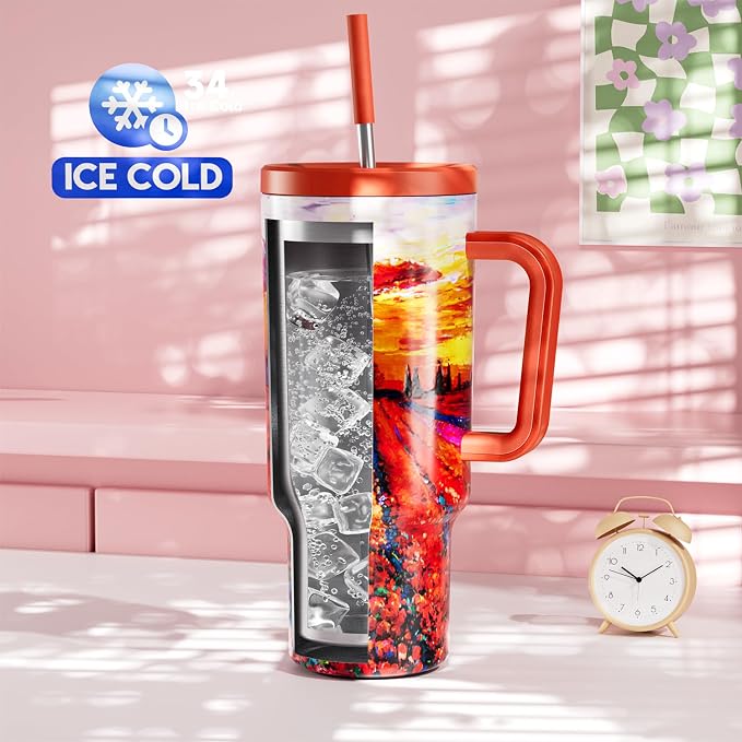 Meoky 40 oz Tumbler with Handle and Straw: Stainless Steel Insulated Tumbler with Lid and Straw - 100% Leak Proof Tumbler for Car Cup Holders - Travelers Commuters Workers, Red Floral - Image 2