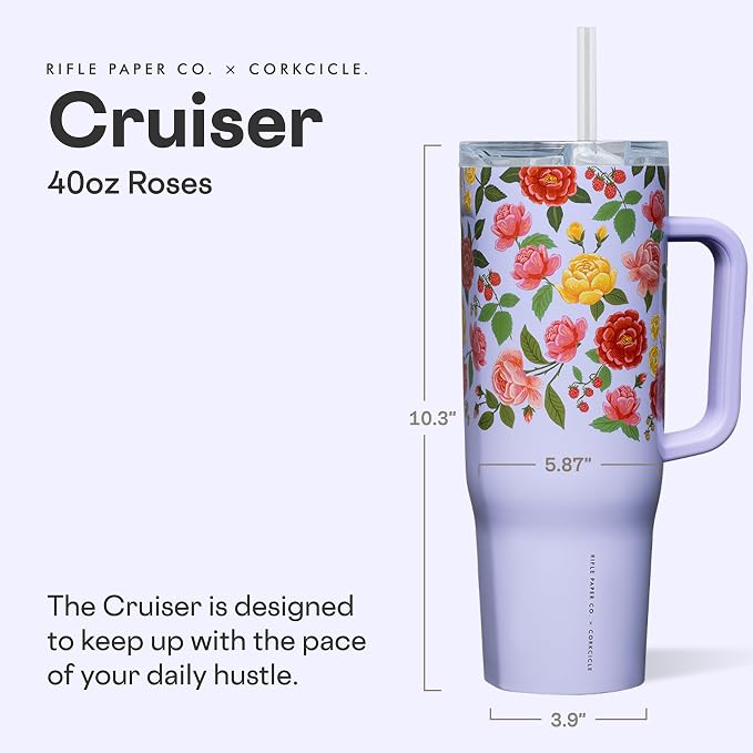 Corkcicle x Rifle Paper Co. Cruiser Insulated Tumbler with Handle & Straw - Keeps Drinks Cold 20 Hours - BPA-Free - Gift for Mom - Great for Mother's Day or Christmas - 40 oz - Roses Purple - Image 2