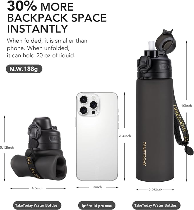 TakeToday Collapsible Water Bottles 20oz, Leak Proof, Foldable Silicone Travel - Image 4