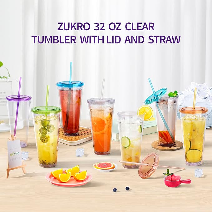 Zukro Clear Acrylic Tumbler with Straw and Lid 32 oz, Double Walled Insulated Reusable Plastic Iced Coffee Cup, To Go Cup Perfect for Parties, Birthdays, Fit in Cupholder, BPA Free, Red & Blue 2 Pack - Image 8