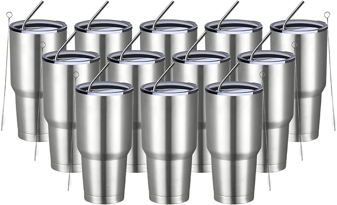 MEWAY 30oz Insulated Tumbler With Lids and Straws,Stainless Steel Double Vacuum Coffee Tumbler Cup, Brush, Durable Powder Coated Coffee Cup for Cold & Hot Drinks, Office, Travel(Silver,12 PACK) by MEWAY
