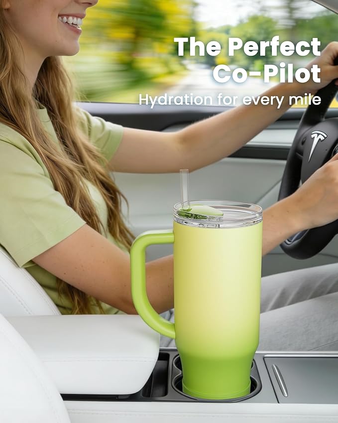 Renoj Insulated Mug 100% Spill Resistant Insulated Water Bottle for Iced Coffee & Hot Drinks - Fits Car Cup Holder, Ideal Gift, 2 Straws & Silicone Boot - FlexSlide Green Gradient 40 oz - Image 3