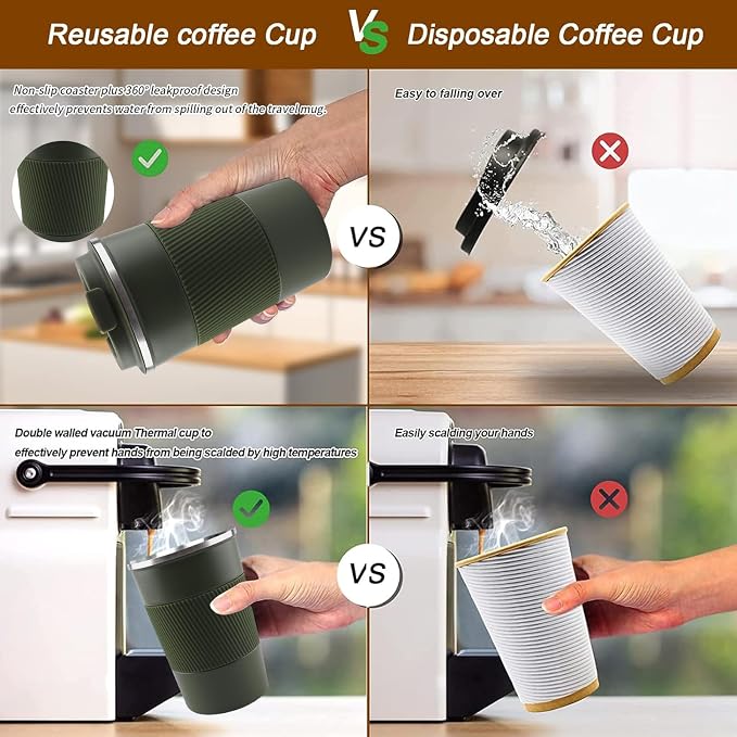YINBAOGE Insulated Travel Coffee Mug, Spill & Leak Proof, Portable To Go Camping Stainless Steel Coffee Tumbler, Reusable Thermal Coffee Cup with Lid for Hot & Cold Drinks (Green, 17 OZ) - Image 5