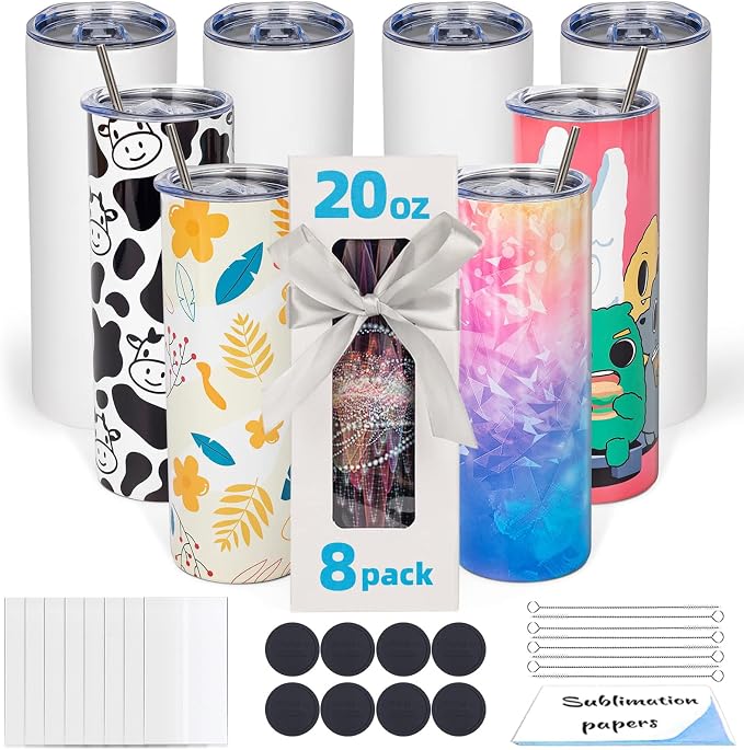 8 Pack 20oz Sublimation Tumbler Blanks Skinny Straight in Bulk, Stainless Steel Insulated Sublimation Tumbler with Polymer Coating for Heat Transfer, With Lid, Straw, ribbon, Gift box by UIRZOTN