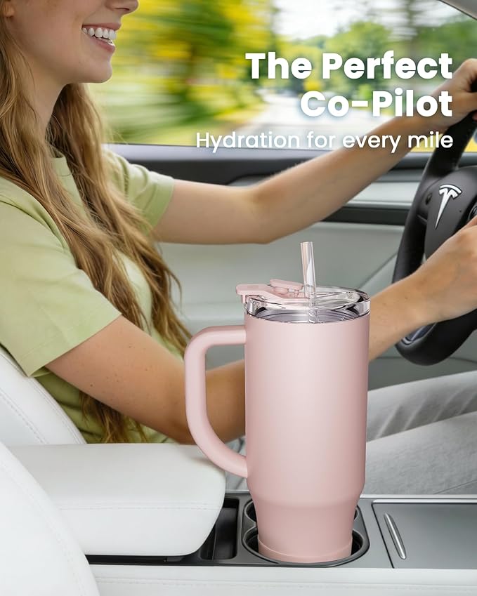Renoj Insulated Mug 100% Leak Proof Insulated Water Bottle for Iced Coffee & Hot Drinks - Fits Car Cup Holder, Ideal Gift, 2 Straws & Silicone Boot - SnapShift Light Pink 40 oz - Image 2