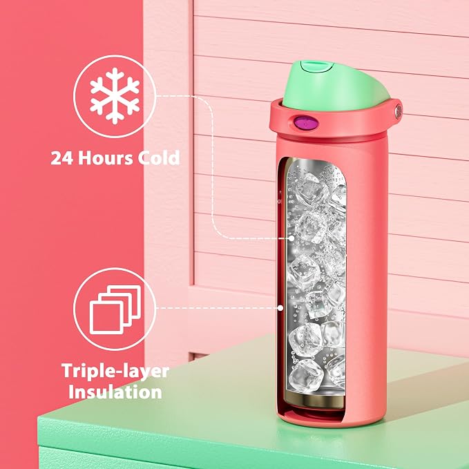 24 oz Insulated Water Bottle for Women: Meoky Stainless Steel Water Bottle with 2-in-1 Straw Lid - Leak Proof, Cold for 24 Hours, Fits in Car Cup Holder, BPA-Free for Sports Travel, Strawberry Field - Image 4