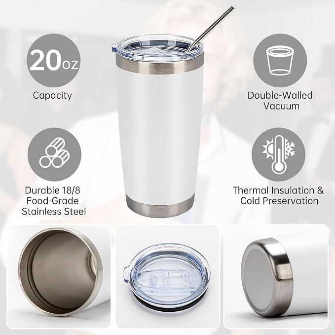 IEOVIEE 32 Pack, 20oz Stainless Steel Bulk Tumblers with Lids and Straws, Double Wall Insulated Travel Coffee Mug, Durable Powder Coated Tumbler Bulk Cup for Cold and Hot Drinks(White) - Image 5