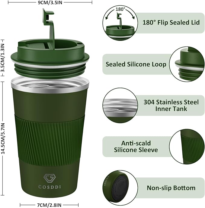 CS COSDDI 12 oz Stainless Steel Vacuum Insulated Tumbler - Coffee Travel Mug Spill Proof with Lid - coffee Cup for Keep Hot/Ice Coffee,Tea and Beer (3rd Green) - Image 2