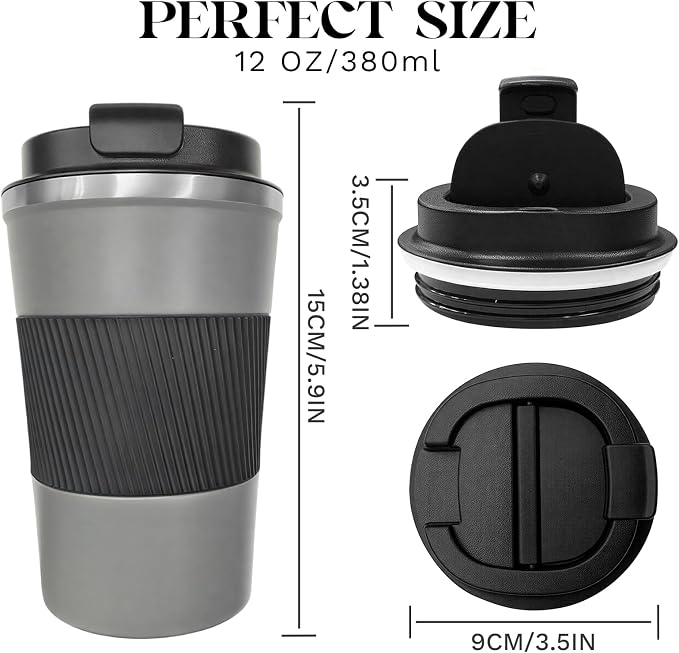 YINBAOGE Insulated Travel Coffee Mug, Spill & Leak Proof, Portable To Go Camping Stainless Steel Coffee Tumbler, Reusable Thermal Coffee Cup with Lid for Hot & Cold Drinks (Grey, 12 OZ) - Image 3