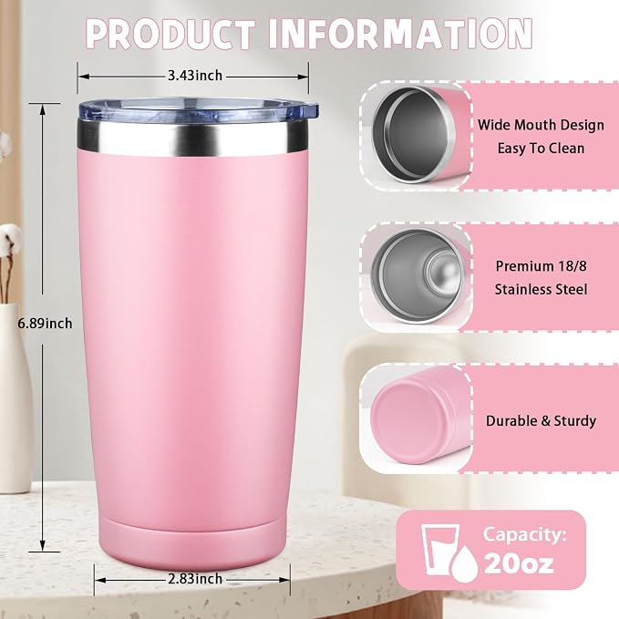 20 oz Tumbler with Lids and Straws, Stainless Steel Insulated Coffee Tumbler, Double Wall Vacuum Insulated Travel Mug Cup, Leakproof Thermal Coffee Cup for Hot and Cold Drinks (light pink) - Image 2