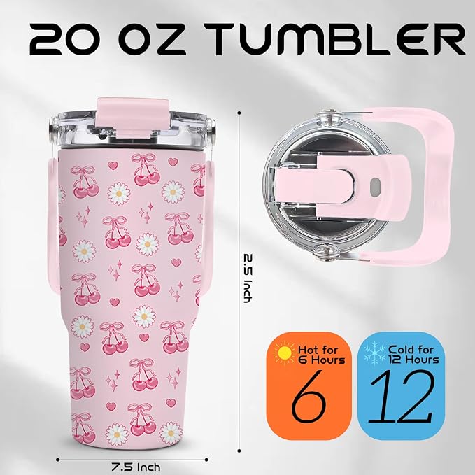 20oz Cherry Tumblers - Pink Cherry Tumbler with Straw Handle, Leak-proof, BPA-free, Double Wall Insulated, Pink Gifts Cup for Girls, Insulated Coffee Tumbler Bows Stainless Steel Cup for Women Kids - Image 2
