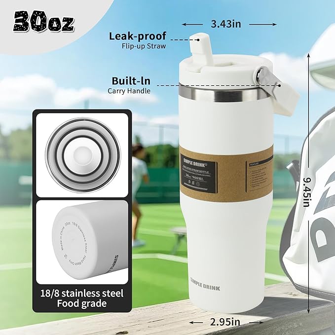 30oz Flip Straw Insulated Water Bottle with Handle, Leak Proof Stainless Steel Travel Coffee Mug, Double Wall Vacuum Tumbler for Cold Drinks, Gym Office Travel Essentials - Image 2