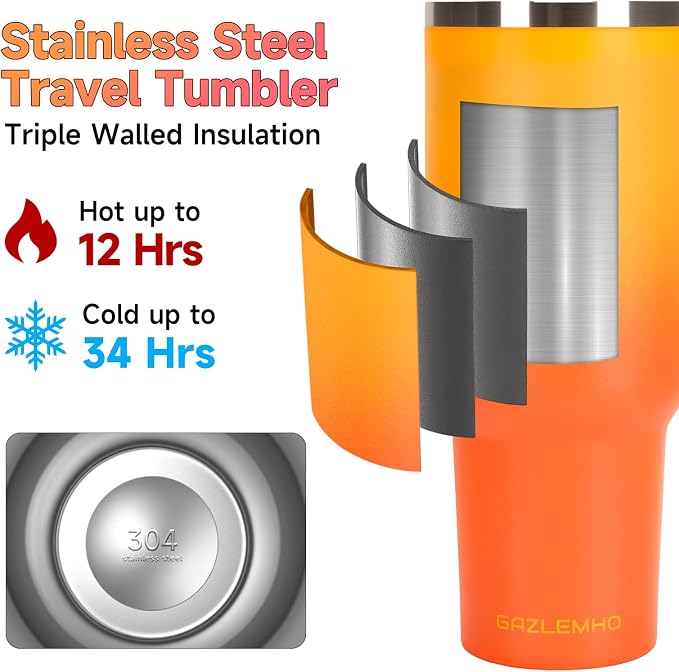 40oz Tumbler with Handle and Straw Spout 2-in-1 Lid, Spill Leak Proof Insulated Travel Cup Traveler Water Mug Keep Cold Hot, Dishwasher Safe Stainless Steel Bottle Gifts for Women Men, Ombre Orange - Image 3