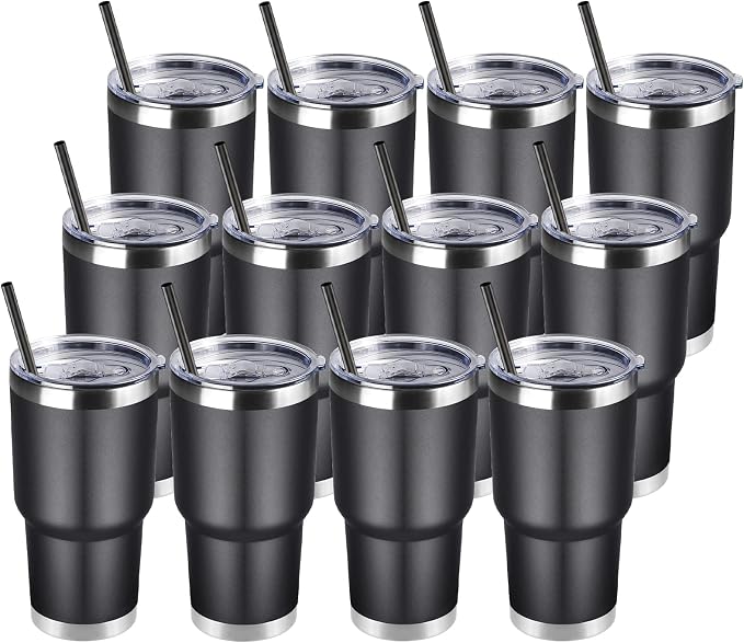 DOMICARE 30 oz Tumbler with Lid and Straw, Stainless Steel Tumblers Bulk, Insulated Vacuum Double Wall Travel Coffee Mug, Durable Powder Coated Tumbler Cups (Black, 12) by VisittheDOMICARE