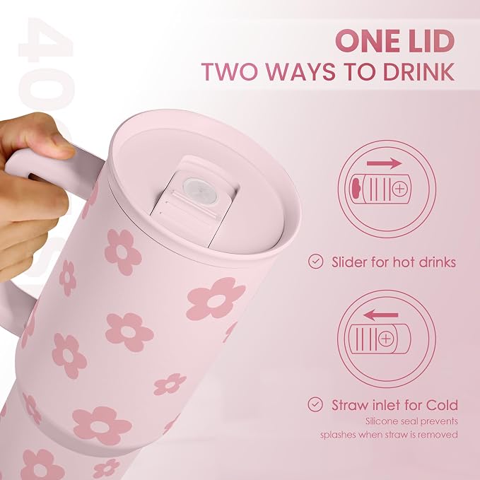 Floral Tumbler with Handle and Straw 40oz Stainless Sleel Slider Tumbler Travel Coffee Mug for Women - Gift Idea for Birthday Christmas - Image 4
