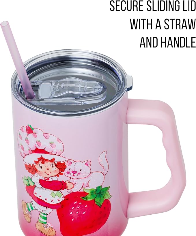 Silver Buffalo Strawberry Shortcake and Custard Vintage Berry Ombre Double Walled Stainless Steel Tumbler with Handle and Straw, Fits in Standard Cup Holder, 40 Ounces - Image 2