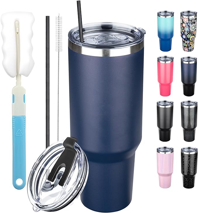 40 oz Tumbler with Lids and Straws, Stainless Steel Insulated Coffee Tumbler, Double Wall Vacuum Insulated Travel Mug Cup, Leakproof Thermal Coffee Cup for Hot and Cold Drinks (Navy Blue) by GUDEMAO