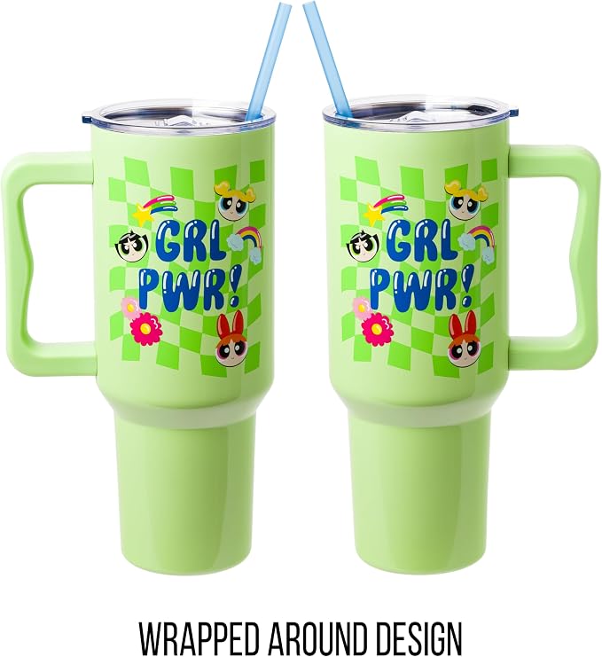 Silver Buffalo Powerpuff Girls Girl Power Groovy Retro Featuring Blossom, Bubbles, and Buttercup Double Walled Stainless Steel Tumbler with Handle and Straw, Fits in Standard Cup Holder, 40 Ounces - Image 5