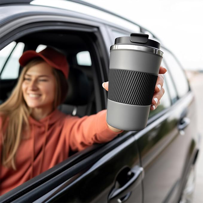 YINBAOGE Insulated Travel Coffee Mug, Spill & Leak Proof, Portable To Go Camping Stainless Steel Coffee Tumbler, Reusable Thermal Coffee Cup with Lid for Hot & Cold Drinks (Grey, 17 OZ) - Image 6