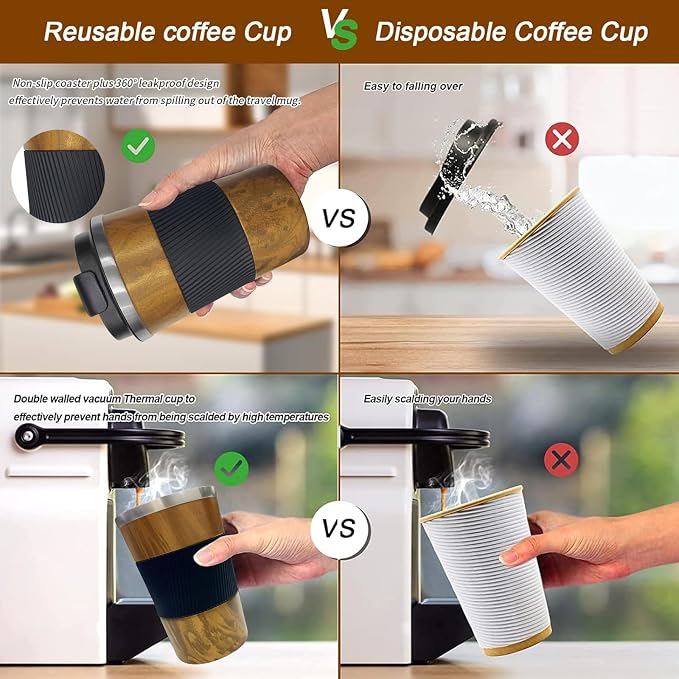 YINBAOGE Insulated Travel Coffee Mug, Spill & Leak Proof, Portable To Go Camping Stainless Steel Coffee Tumbler, Reusable Thermal Coffee Cup with Lid for Hot & Cold Drinks (Wood Grain, 12 OZ) - Image 4